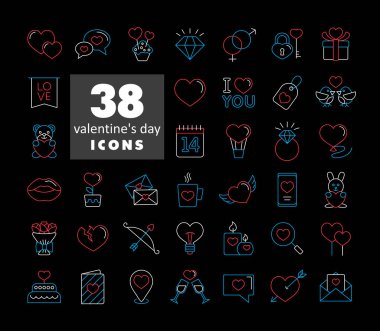 Valentine day set on black background icons. Vector illustration, romance elements. Sticker, badge. Card for marriage and wedding