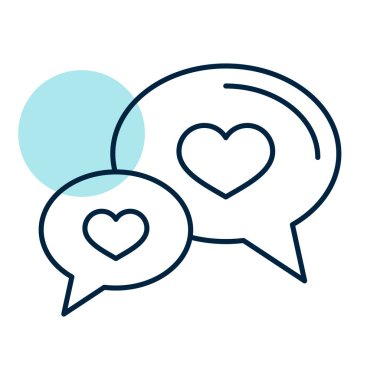 Konuşma balonları ile kalp simgesi. Sevgililer günü sembolü. Vektör çizim, romantizm unsurları. Etiket, yama, rozet, kart için evlilik, düğün