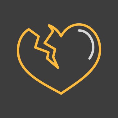 Karanlık arka plan ikonunda kırık kalp. Sevgililer Günü sembolü. Vektör çizimi, romantik unsurlar. Etiket, yama, rozet, evlilik kartı, düğün