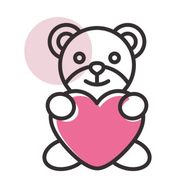Teddy holding in the paws of big heart icon. Valentine day symbol. Vector illustration, romance elements. Sticker, patch, badge, card for marriage, wedding