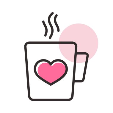 Tea cup with heart and steam icon. Valentines day symbol. Vector illustration, romance elements. Sticker, patch, badge, card for marriage, wedding