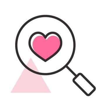 Kalp arama simgesi. Sevgililer günü sembolü. Vektör çizim, romantizm unsurları. Etiket, yama, rozet, kart için evlilik, düğün