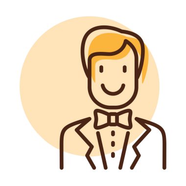 Groom, bridegroom, fiance man in costume isolated icon. Vector illustration, romance elements. Sticker, patch, badge, card for marriage, valentine