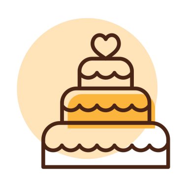Stacked wedding cake dessert with heart topper isolated icon. Vector illustration, romance elements. Sticker, patch, badge, card for marriage, valentine