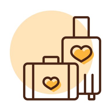 Suitcase and honeymoon on vacation wedding isolated icon. Vector illustration, romance elements. Sticker, patch, badge, card for marriage, valentine