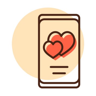 Smartphone with two hearts on the screen isolated icon. Vector illustration, romance elements. Sticker, patch, badge, card for marriage, valentine