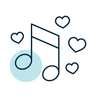 Musical note with heart sign isolated icon. Vector illustration, romance elements. Sticker, patch, badge, card for marriage, valentine