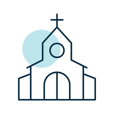 Church with cross isolated icon. Vector illustration, romance elements. Sticker, patch, badge, card for marriage, valentine