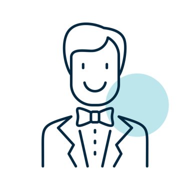 Groom, bridegroom, fiance man in costume isolated icon. Vector illustration, romance elements. Sticker, patch, badge, card for marriage, valentine