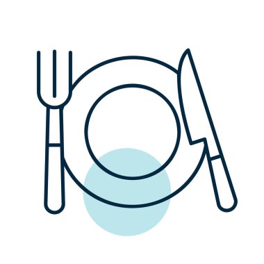 Plate, fork and knife isolated icon. Vector illustration, romance elements. Sticker, patch, badge, card for marriage, valentine