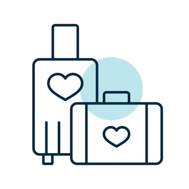 Suitcase and honeymoon on vacation wedding isolated icon. Vector illustration, romance elements. Sticker, patch, badge, card for marriage, valentine