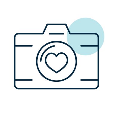 Wedding party camera with love lens isolated icon. Vector illustration, romance elements. Sticker, patch, badge, card for marriage, valentine