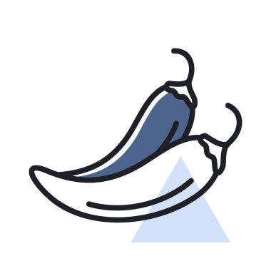 İki kırmızı biber izole edilmiş tasarım vektörü ikonu. Sebze işareti. Gıda ve içecek web sitesi için grafik sembolü, uygulama tasarımı, mobil uygulamalar ve yazdırma ortamı, logo, UI