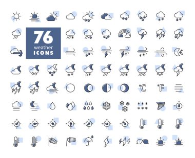 Vektör hava tahmini ikonu ayarlandı. Meteoroloji işareti. Seyahat, turizm ve hava durumu web sitesi ve uygulama tasarımı, logo, uygulama, UI için grafik sembolü