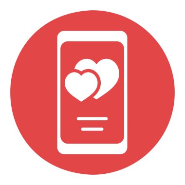Ekranda izole edilmiş iki kalpli akıllı telefon simgesi. Vektör çizimi, romantik unsurlar. Etiket, yama, rozet, evlilik kartı, sevgililer günü kartı.