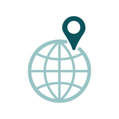 Pin vektörü izole edilmiş ikona sahip dünya. Navigasyon işareti. Seyahat ve turizm web sitesi ve uygulama tasarımı, logo, uygulama, UI için grafik sembolü