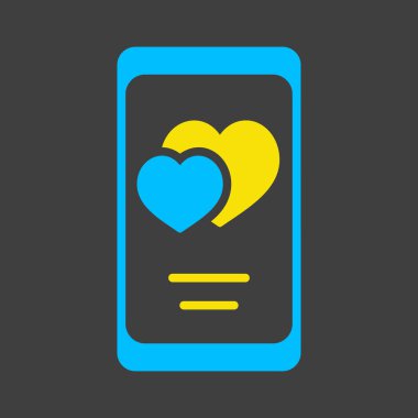 Ekranda iki kalbi olan akıllı telefon koyu arkaplan simgesinde izole edilmiş kabartma. Vektör çizimi, romantik unsurlar. Etiket, yama, rozet, evlilik kartı, sevgililer günü kartı.