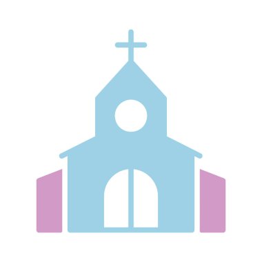 Çapraz izole edilmiş sembol içeren kilise. Vektör çizimi, romantik unsurlar. Etiket, yama, rozet, evlilik kartı, sevgililer günü kartı.