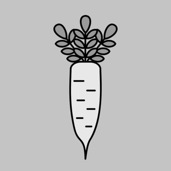 葉が孤立したベクトルグレースケールのアイコンを持つ大根 野菜の看板 食品や飲料のウェブサイト アプリのデザイン モバイルアプリや印刷メディア Uiのためのグラフシンボル — ストックベクタ