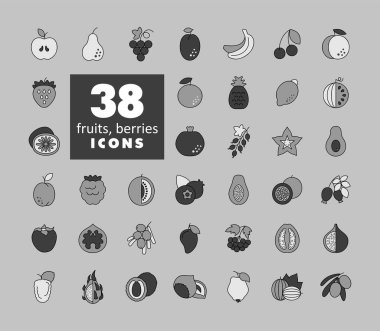 Meyve ve Böğürtlen vektör gri tonlama simgesi kümesi. Gıda ve içecek web sitesi için grafik sembolü, uygulama tasarımı, mobil uygulamalar ve yazdırma ortamı, logo, UI