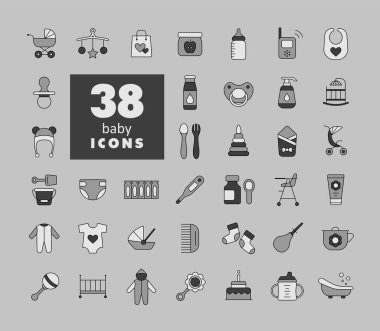 Gri tonlu ikonlar ayarlandı. Çocuklar ve yeni doğmuş bebekler için grafik sembolü Web sitesi ve uygulama tasarımı, logo, uygulama, UI