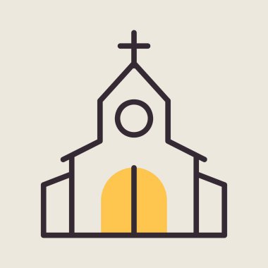 Church with cross isolated icon. Vector illustration, romance elements. Sticker, patch, badge, card for marriage, valentine