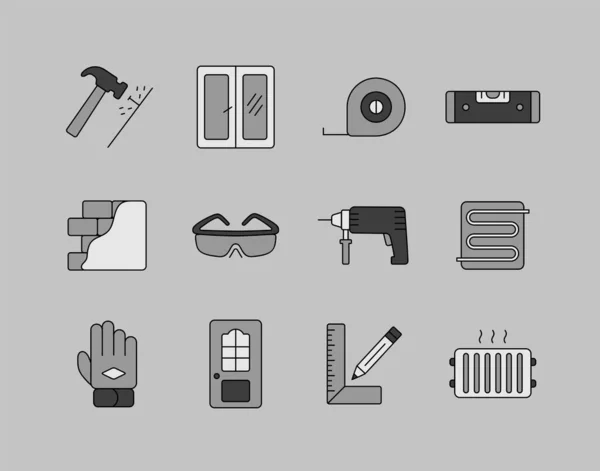 Set Building Construction Home Repair Grayscale Icons Graph Symbol Your — Stock Vector