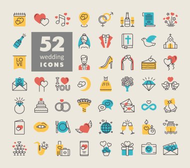 Wedding, marriage, bridal isolated icon set. Vector illustration, romance elements. Sticker, patch, badge, card for marriage, valentine