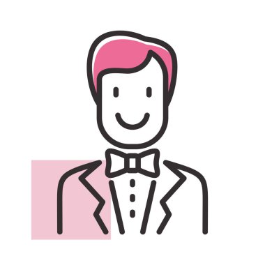 Damat, damat, kostüm giymiş nişanlı, izole edilmiş ikon. Vektör çizimi, romantik unsurlar. Etiket, yama, rozet, evlilik kartı, sevgililer günü kartı.