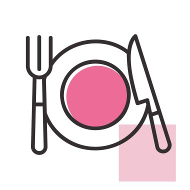 Plate, fork and knife isolated icon. Vector illustration, romance elements. Sticker, patch, badge, card for marriage, valentine