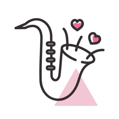 Cute saxophone and blowing hearts isolated icon. Vector illustration, romance elements. Sticker, patch, badge, card for marriage, valentine