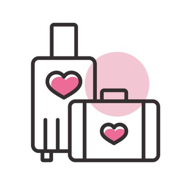 Suitcase and honeymoon on vacation wedding isolated icon. Vector illustration, romance elements. Sticker, patch, badge, card for marriage, valentine