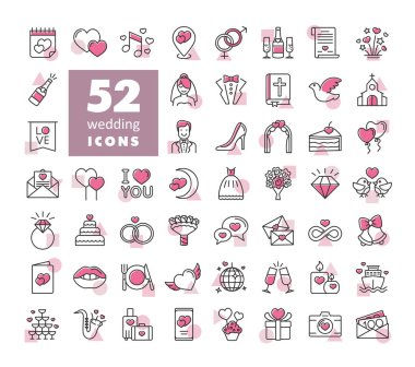 Wedding, marriage, bridal isolated icon set. Vector illustration, romance elements. Sticker, patch, badge, card for marriage, valentine
