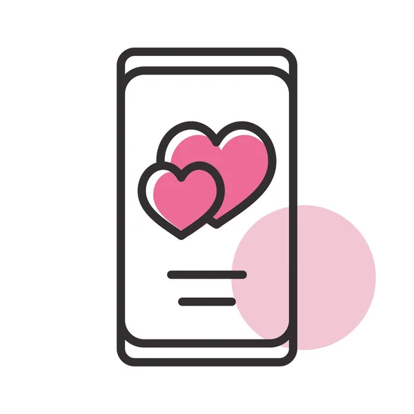 Smartphone Two Hearts Screen Isolated Icon Vector Illustration Romance Elements — Vetor de Stock
