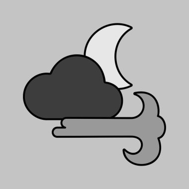 Ay bulutlu ve rüzgar vektörü gri tonlama simgesi. Meteoroloji işareti. Seyahat, turizm ve hava durumu web sitesi ve uygulama tasarımı, logo, uygulama, UI için grafik sembolü