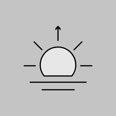 Güneş doğumu vektörü gri tonlama simgesi. Meteoroloji işareti. Seyahat, turizm ve hava durumu web sitesi ve uygulama tasarımı, logo, uygulama, UI için grafik sembolü