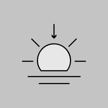 Gün batımı vektör gri tonlama simgesi. Meteoroloji işareti. Seyahat, turizm ve hava durumu web sitesi ve uygulama tasarımı, logo, uygulama, UI için grafik sembolü