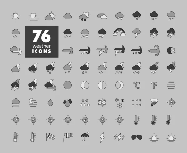 Vector Weather Forecast Grayscale Icon Set Meteorology Sign Graph Symbol — Stock Vector