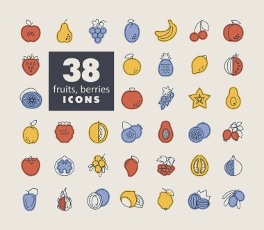 Set of Fruits and Berries vector icon. Graph symbol for food and drinks web site, apps design, mobile apps and print media, logo, UI