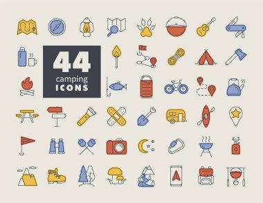 Kamp, yürüyüş, doğa ve doğa aktiviteleri izole edilmiş ikonlar. Seyahat ve turizm web sitesi ve uygulama tasarımı, logo, uygulama, UI için grafik sembolü