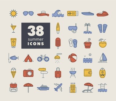 Yaz vektörü izole simgeleri belirlendi. Yaz tabelası. Seyahat ve turizm web sitesi ve uygulama tasarımı, logo, uygulama, UI için grafik sembolü