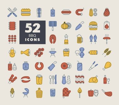 Barbekü ve bbq ızgara izole ikon seti. Yemek pişirme web sitesi ve uygulama tasarımı, logo, uygulama, UI için grafik sembolü