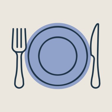 Yemek tabağı, bıçak ve çatal vektör ikonu. Yemek pişirme web sitesi tasarımı, logo, uygulama, Ui için grafik sembolü