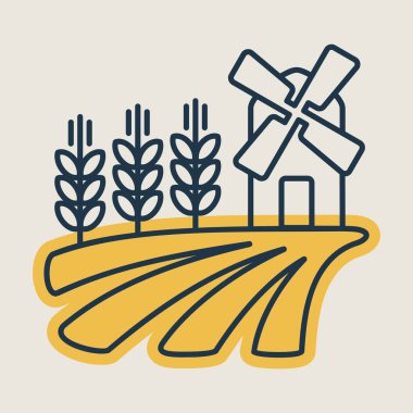 Yel değirmeni ve buğday ikonu olan bir tarla. Tarım işareti. Web sitenizin tasarımı için grafik sembolü, logo, uygulama, UI. Vektör illüstrasyonu, EPS10.