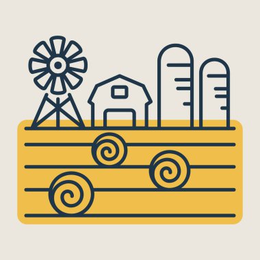 Çiftlik manzarası, ahır, rüzgar pompası, saman yığını ve izole ambar ikonu. Tarım işareti. Web sitenizin tasarımı için grafik sembolü, logo, uygulama, UI. Vektör illüstrasyonu, EPS10.