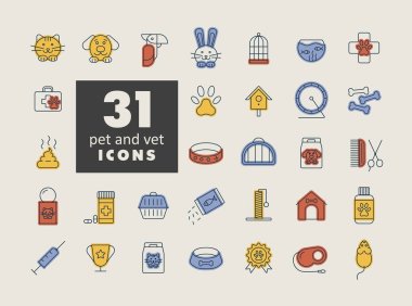 Hayvan ve veteriner vektörü izole edilmiş ikon seti. Evcil hayvan ve veteriner web sitesi ve uygulama tasarımı, logo, uygulama, UI için grafik sembolü