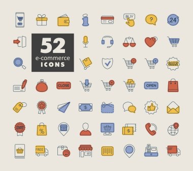 E-ticaret vektör simgeleri alışverişi ve çevrimiçi. Web sitenizin tasarımı için grafik sembolü, logo, uygulama, UI