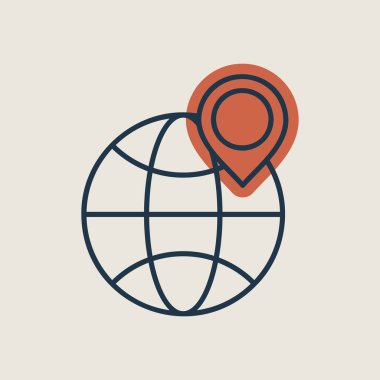Dünya gezegeni ve konum belirleyicisi vektör ikonunda. Uluslararası teslimat. E-ticaret tabelası. Web sitenizin tasarımı için grafik sembolü, logo, uygulama, UI