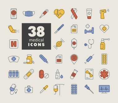 Tıbbi vektör izole edilmiş simgeler ayarlandı. İlaç ve sağlık sigortası, tıbbi destek işareti. Tıbbi web sitesi ve uygulama tasarımı için grafik sembolü, logo, uygulama, UI