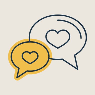 Konuşma balonları ile kalp simgesi. Sevgililer günü sembolü. Vektör çizim, romantizm unsurları. Etiket, yama, rozet, kart için evlilik, düğün